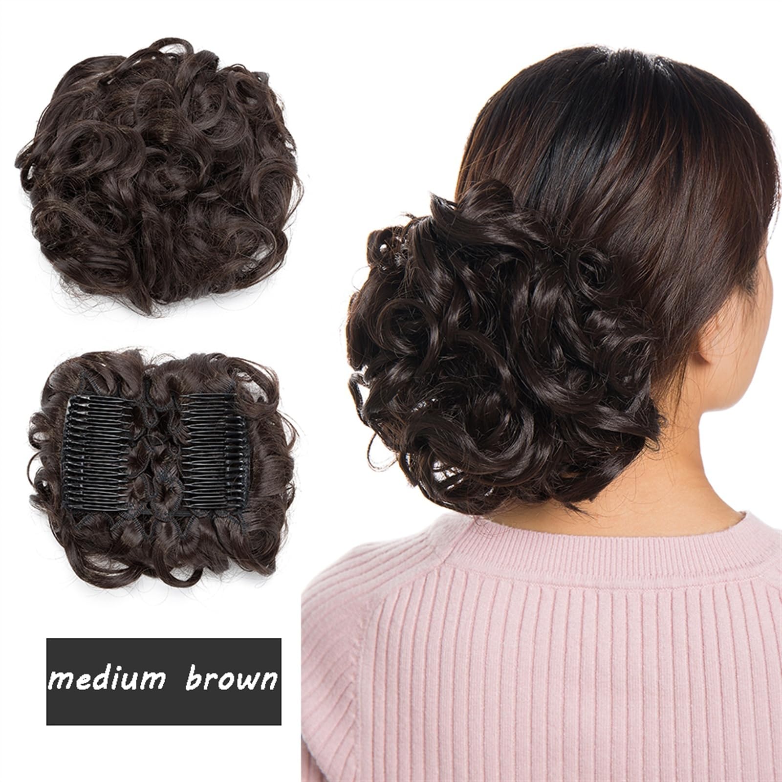 Moño para mujer, pelo sintético, moño de pelo desordenado, clip en extensión de pelo, moño de pelo rizado, moño de cola de caballo con 2 clips de peine para moño de mujer (color: marrón medio)