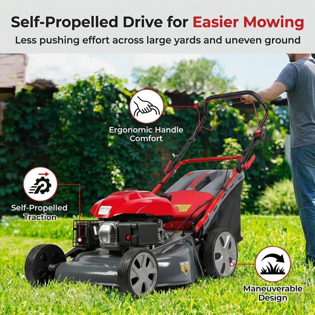 173cc Gas Lawn Mower, Self-Propelled Rear Wheel Drive, Adjustable 3-Speed Settings, 20" Cutting Width, 60L Grass Catcher, Ideal for Large Lawns, Easy Start & Efficient Grass Collect Red
