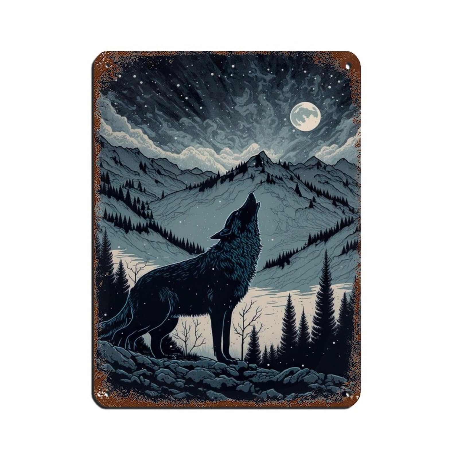 Wolf Howling at The Moon,Scandinavian Landscape Tin Sign Vintage Metal Pub Club Cafe Bar Home Wall Art Decoration Poster Retro 12x16inch(30x40cm)
