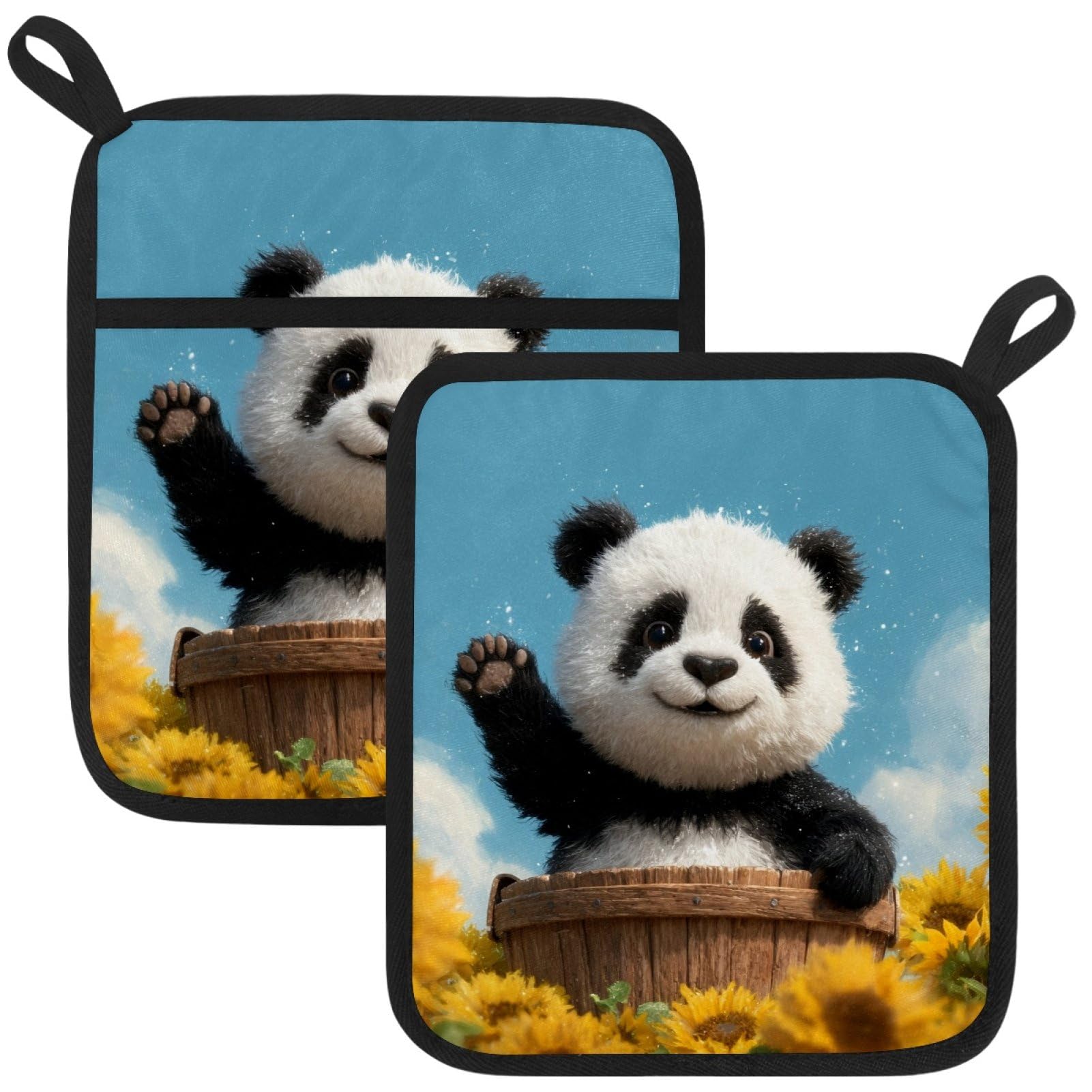VAPOKF Panda Sunflower Pot Holders with Pocket for Kitchen Heat Resistant Potholders Large Polyester-Cotton Square Oven Mitts Set