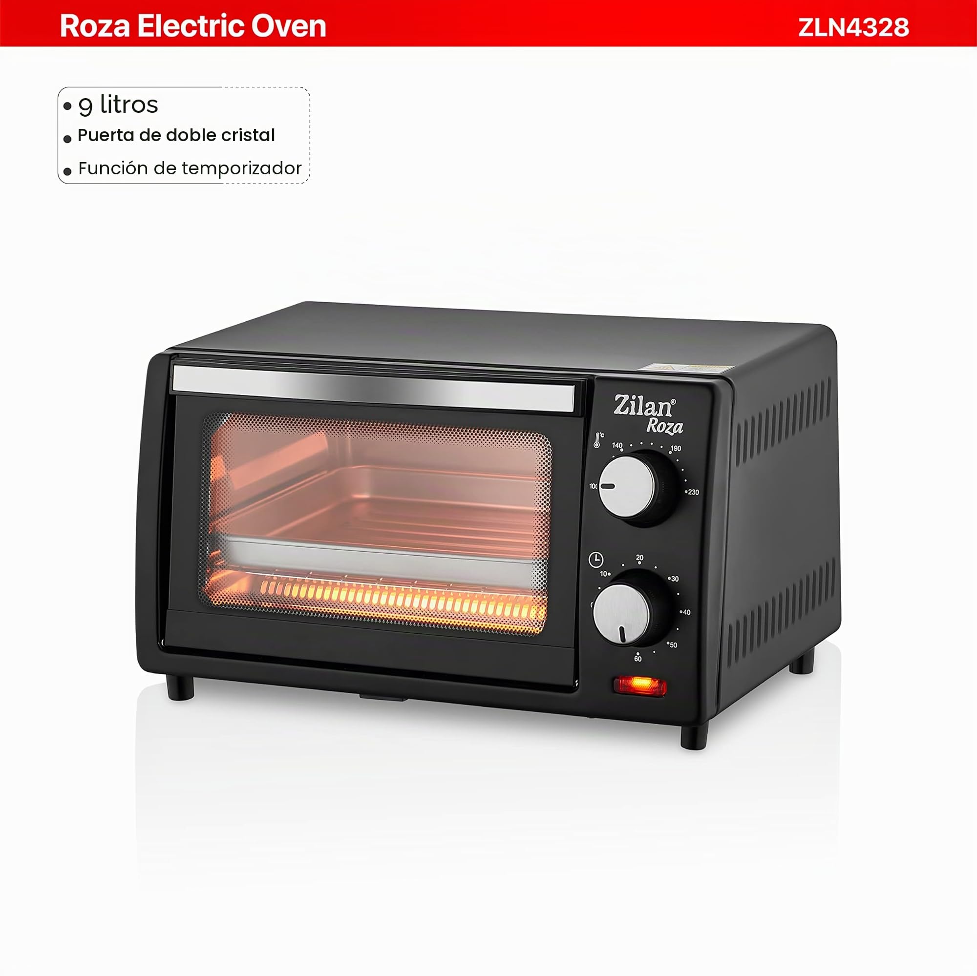 zilan z şekil - Horno eléctrico de 9 litros, doble cristal de seguridad, temporizador, 2 unidades, resistencia al cuarzo, bandeja recogemigas, 1 bandeja cuadrada, rejilla cromada, 800 W, ZLN4328