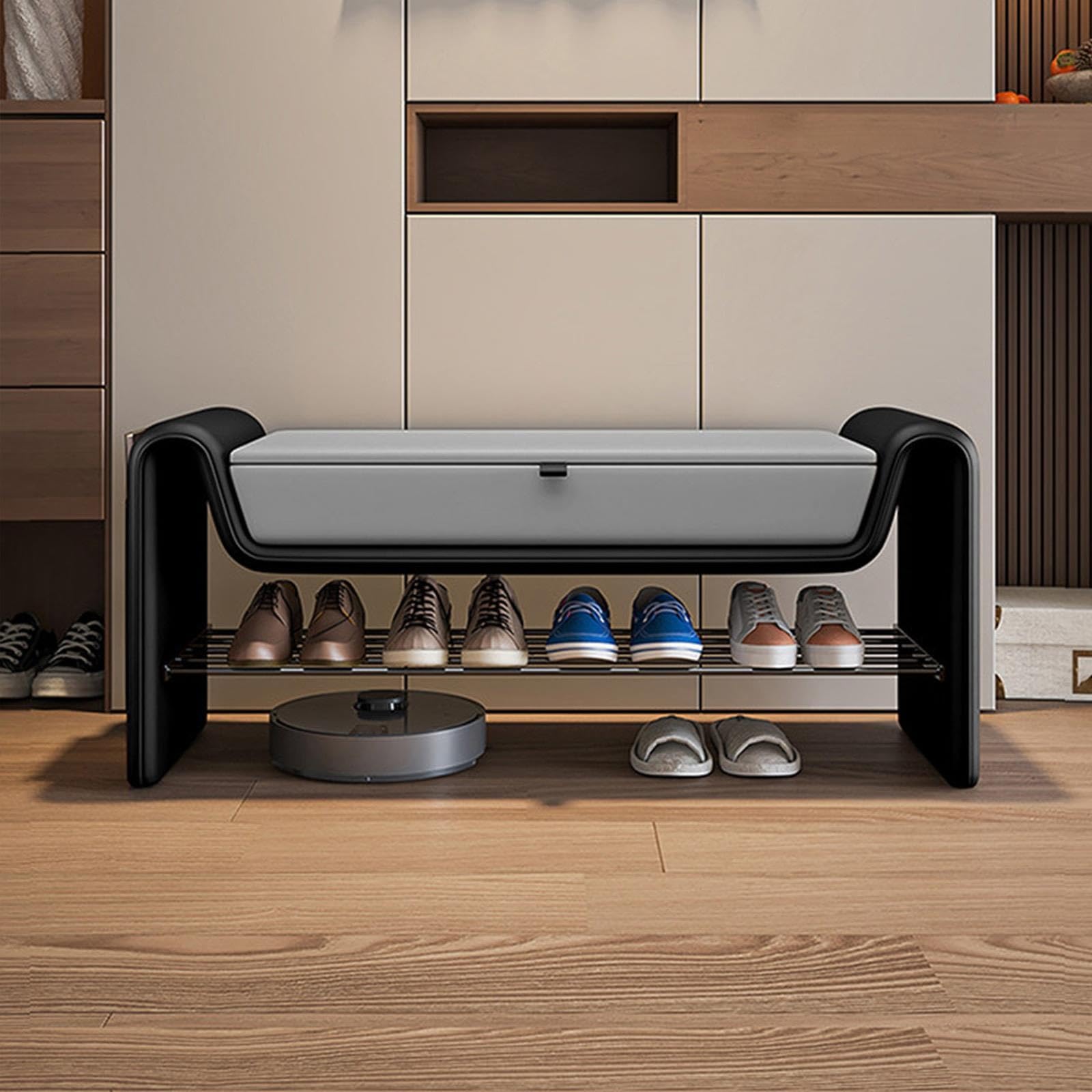 Banco Zapatero de Madera Maciza con Almacenaje, Asiento Acolchado