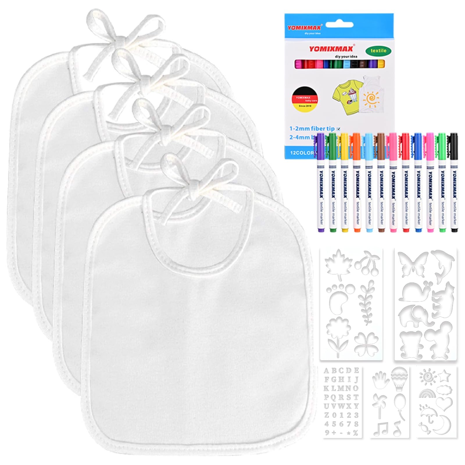 Faburo 12 Stück Baby Lätzchen zum Bemalen Lätzchen aus Baumwolle Doppelseitig mit 12 bunten Textilstiften Malen Schablonen für Babyshower Party(18 * 18cm)