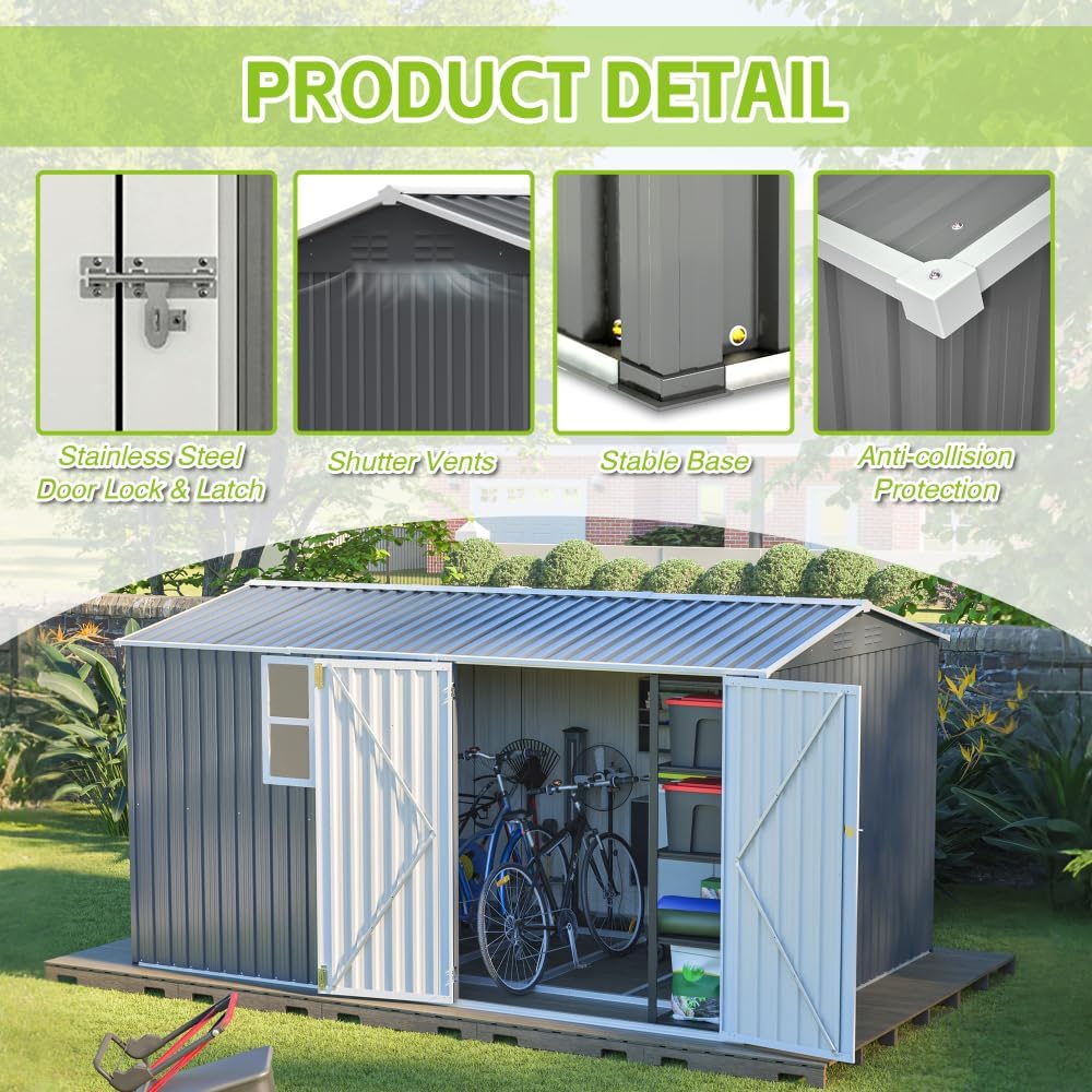 Heavy-Duty 8x12 Ft Steel Storage Shed with Window, Outdoor Garden Patio Shed Features Hinged Gray Doors & 4 Air Vents, Gray