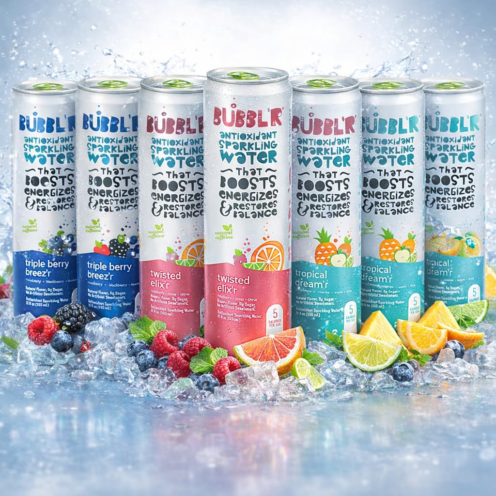 Bubblr Antioxidant Sparkling Water - Triple Berry Breez'r, Tropical Dream'r, Twisted Elix'r - Variety Pack, 0 Suger, 69 Mg Caffine, Sparkling Water 12 Fl Oz (12 pack)