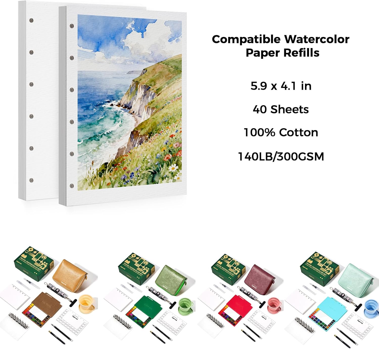 LIGHTWISH Watercolor Paper Refill, 5.9 x 4.1 in -40 Sheets Total (2 Packs of 20), 300gsm 100% Cotton, Cold Press, Pre-Punched Hole, Acid-Free Artist Paper for Ring Binders Watercolor Sketchbook Set