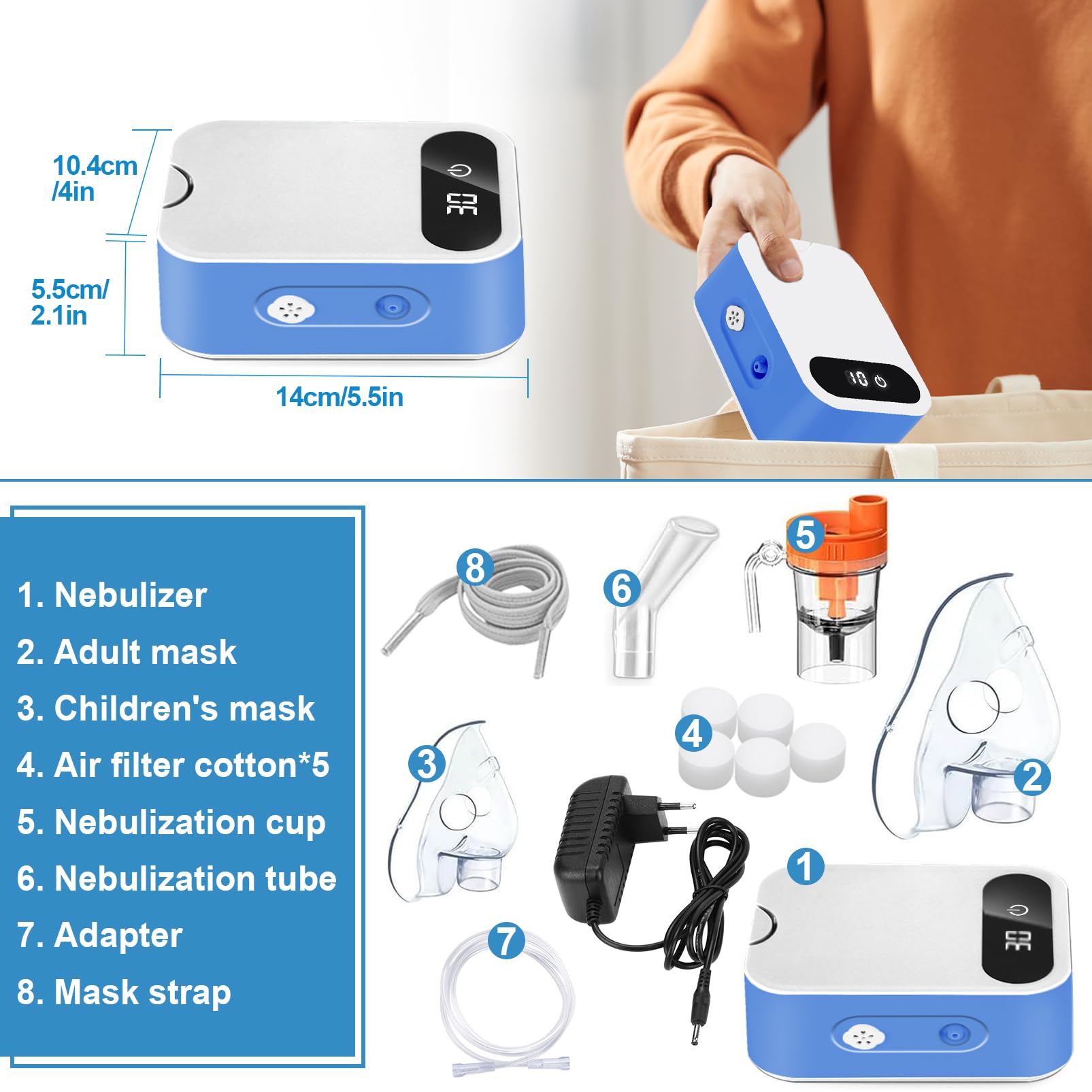 Aerosol Portatile Silenzioso Bambini e Adulti, MJKOPEE Macchina Aerosol Kit Con Display a LED E Tempo Di Lavoro Programmabile, Nebulizzatore Aerosol per Raffreddori O Asma (Grigio)