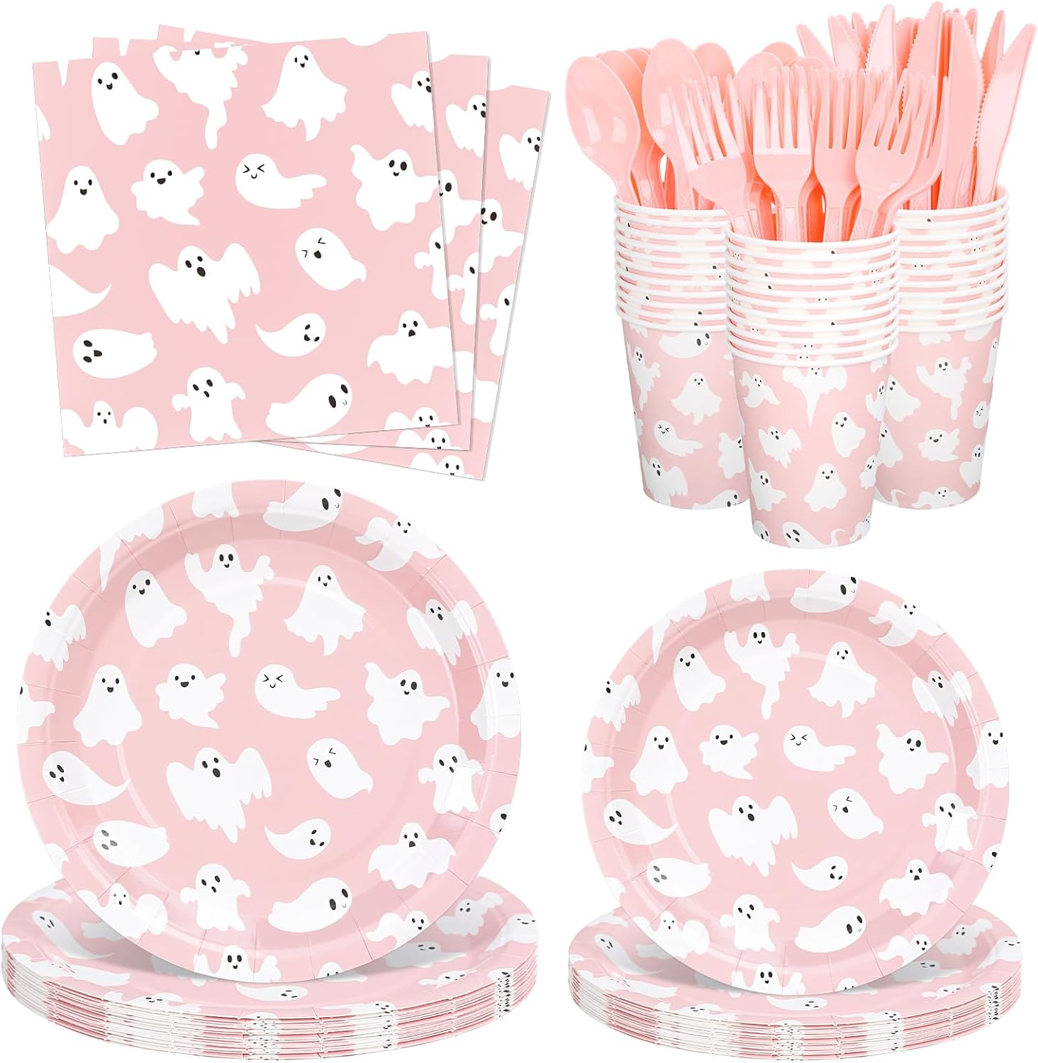 Whaline 168 Pcs Halloween Ghost Paper Tableware Set Pink Cute Ghost Boo Disposable Plates Napkins Cups and Cutlery for 24 Guest Birthday Baby Shower Trick or Treat Party Supplies