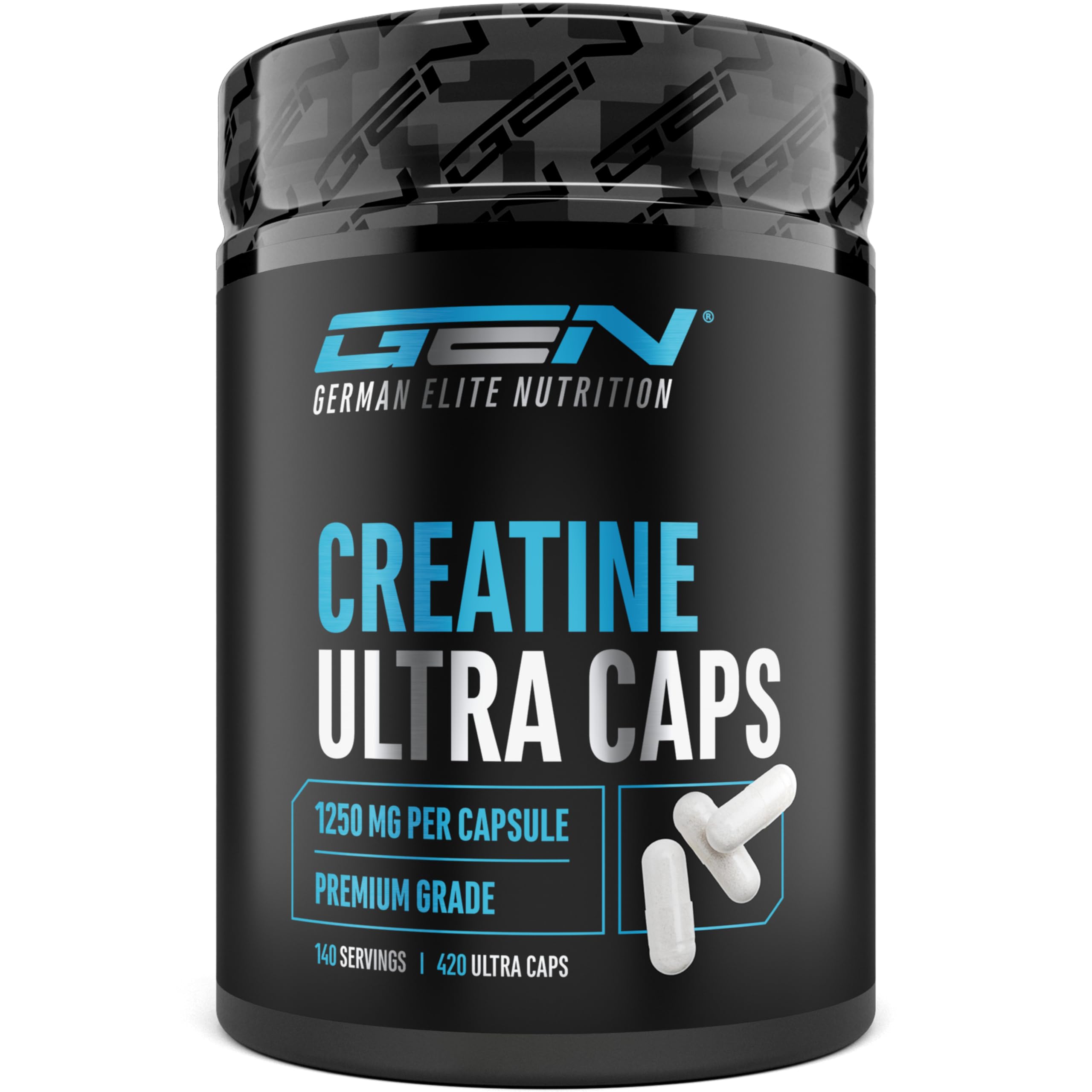 Creatine Ultra Caps – 420 Capsules with 1250 mg Each Pure Creatine Monohydrate – Premium: Ultrafine + Mesh Factor of 200 – High Dosage