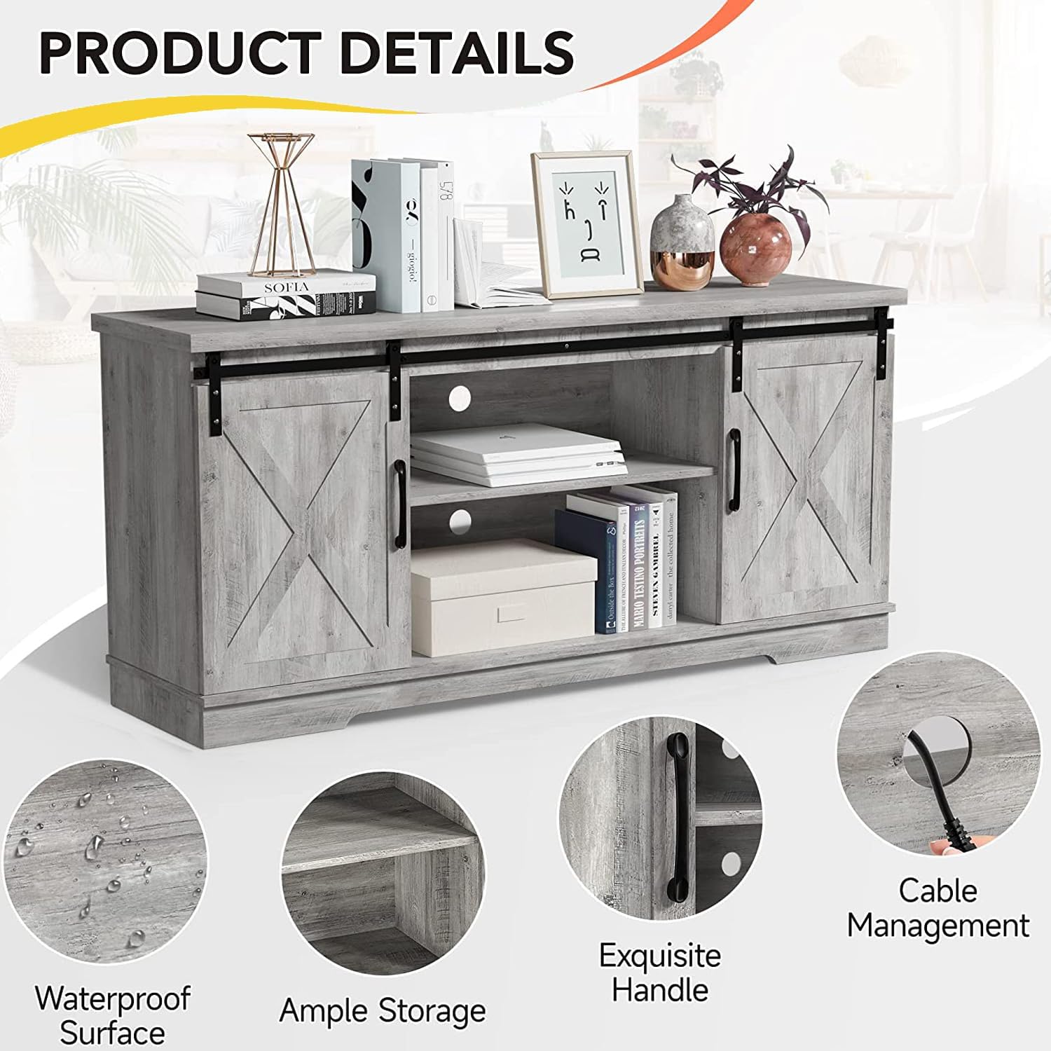 Amyove Farmhouse TV Stand - 65 Inch Entertainment Center, Grey TV Media Console with Storage, Barn Doors, Shelves - Modern TV Console Table for Living Room