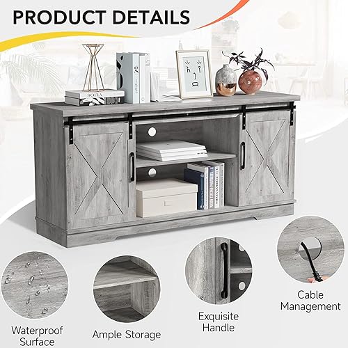 Miniatura 7 de Amyove Soporte de TV de granja  Centro de entretenimiento de 65 pulgadas, consola de TV gris con almacenamiento, puertas de granero, estantes, mesa