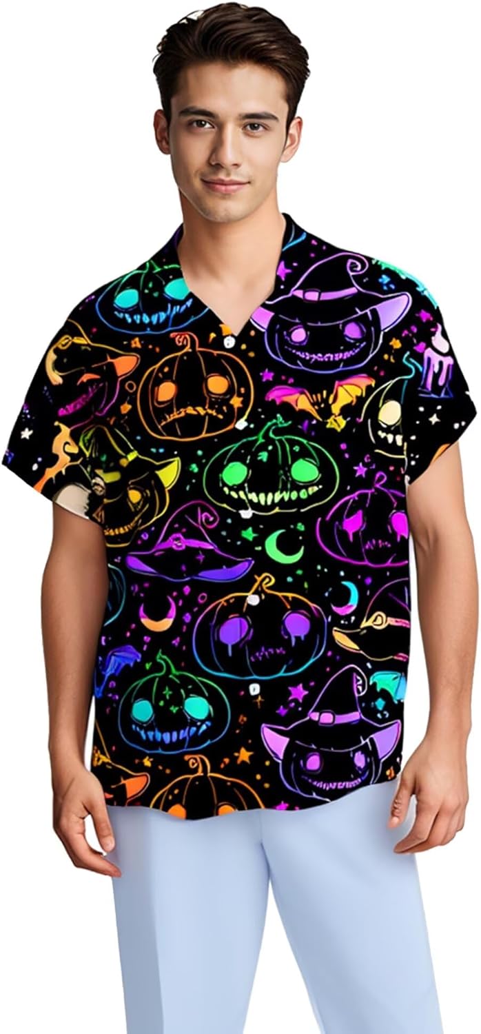 Halloween Bowling Shirts for Men Short Sleeve Regular Hawaiian Fit Casual Button Down Beach Shirts - Image 2