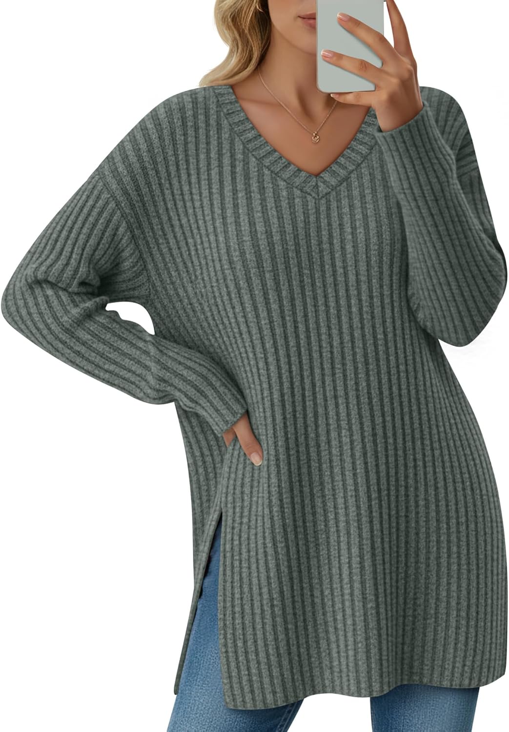 Women's Long Sleeve Sweater, V Neck Oversized Side Split Casual Top Loose Fit Lightweight Knit Pullover Sweaters