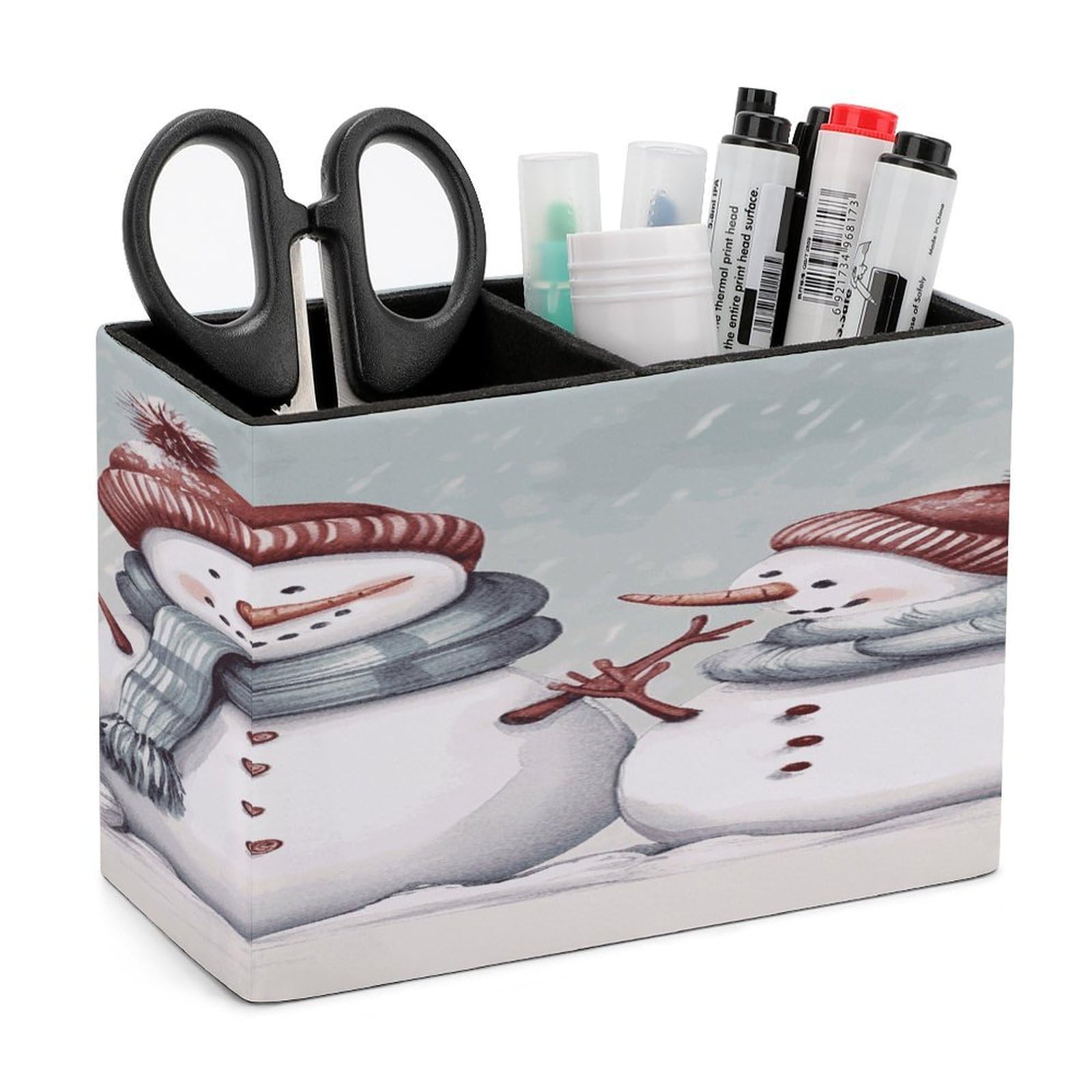 LDGSUPH Winter Snowman Leather Pen Holder for Desk Organizer Caddy Large Pencil Cup Multi-function Pencil Holder Makeup Brush Holders Pen Organizer for Home Office Storage Box