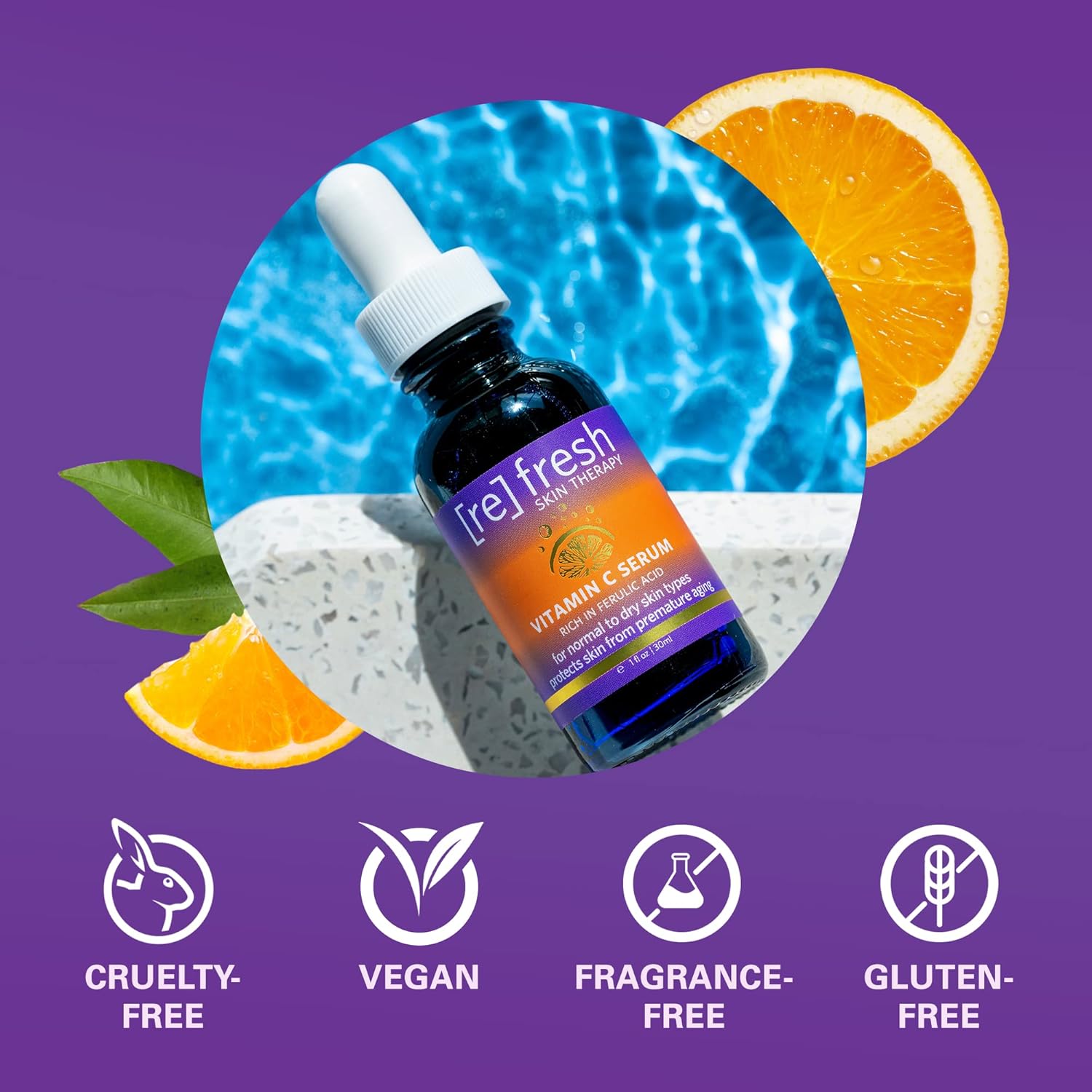 Refresh Skin Therapy – Vitamin C Serum with Ferulic and Hyaluronic Acid, Age-Defying Skin Care Serum, Vegan, Alcohol and Fragrance-Free Brightening Face Serum, 30ml