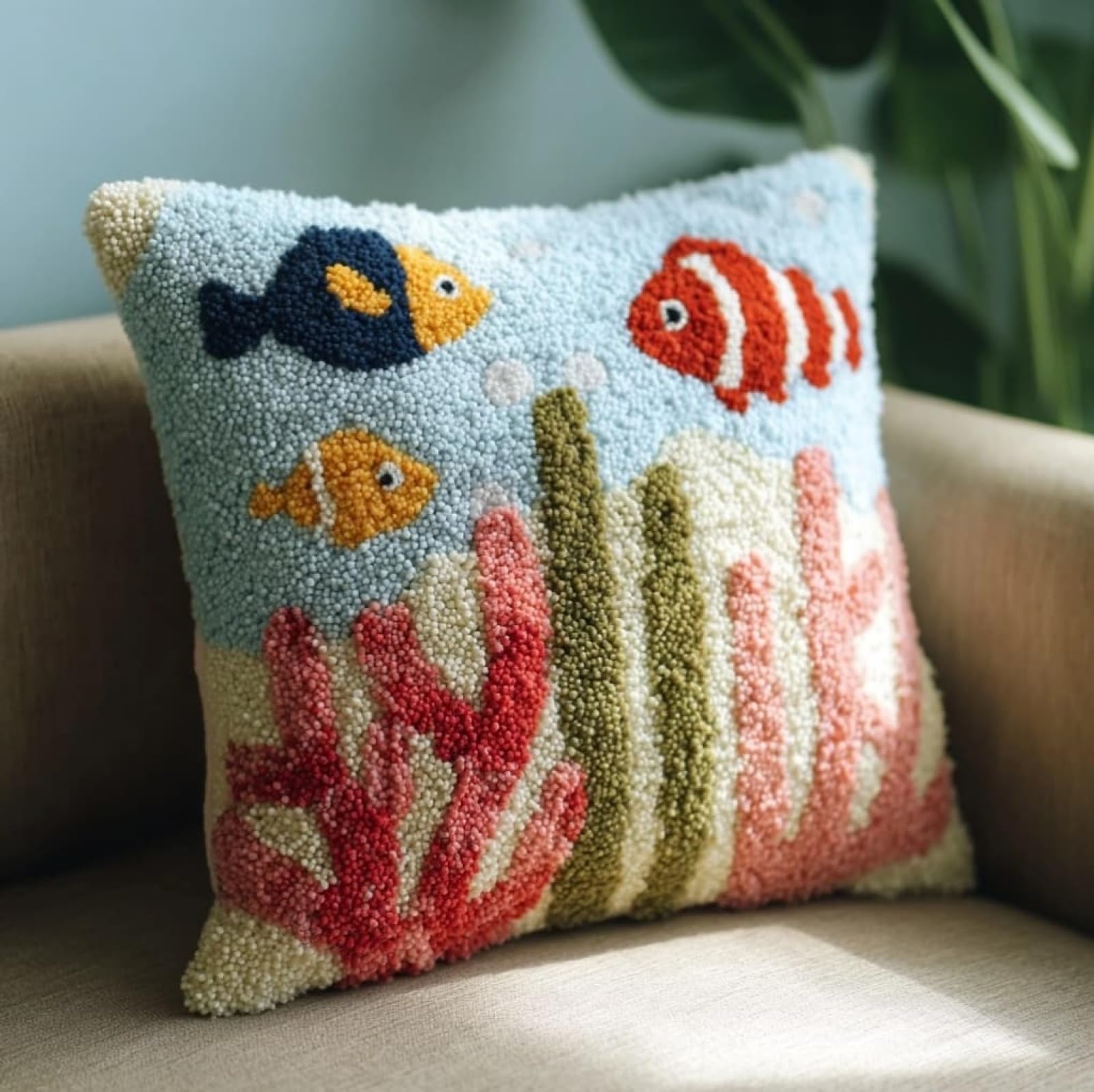 AxiangziK Latch Hook Pillow Case Kits,Coral and Fish DIY Latch Hook Cushion Kits Beginners Adults Children Gift Embroidery Home Decoration,17x17inch