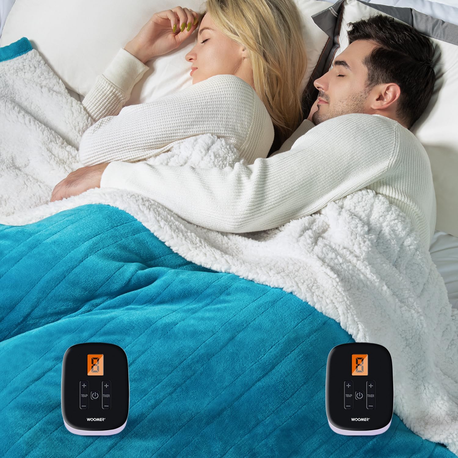 WOOMER Electric Heated Blanket Queen Size 84""x 90"", Soft Flannel Fast Heating Bed Blanket with Multi-Color Option, 10 Heating Levels & 0.5-12H Auto Off, Over-Heat Protection, Teal-flannel&sherpa