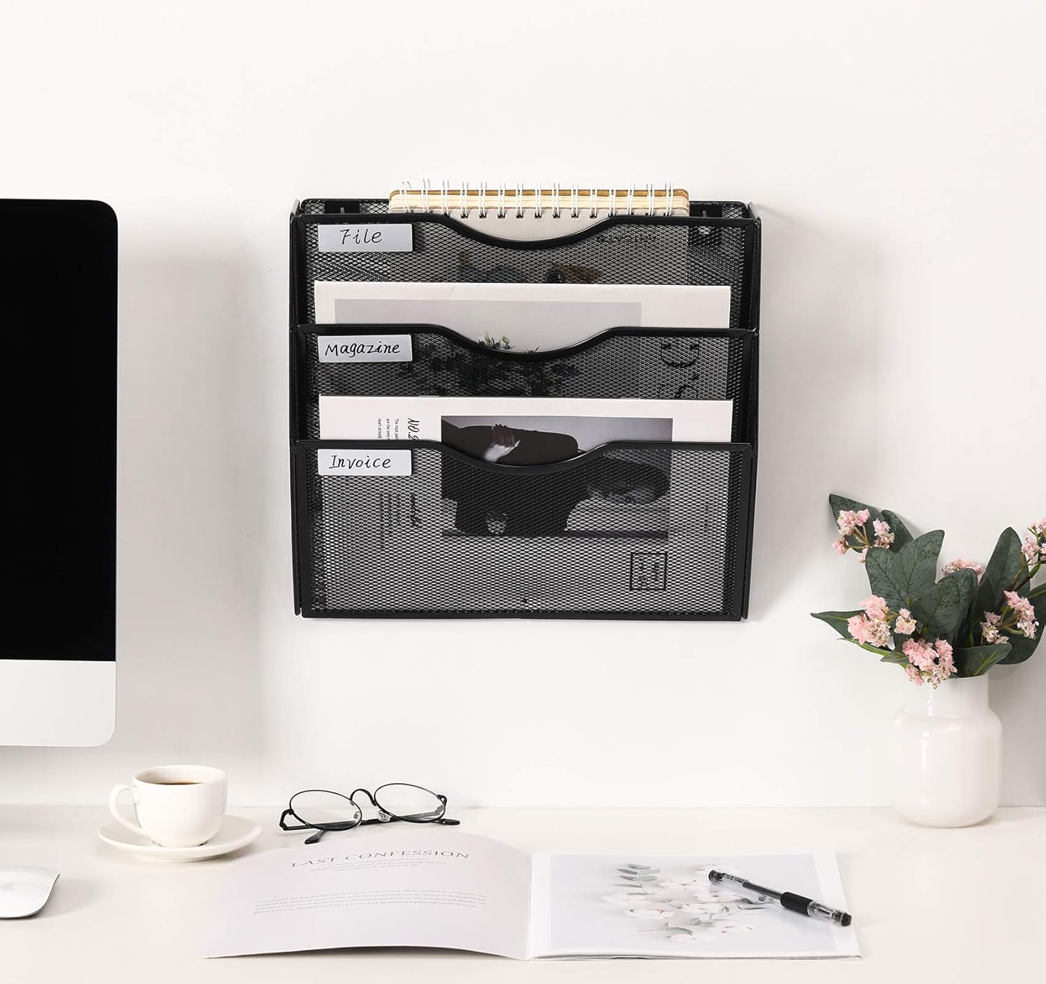 EasyPAG Wall Mounted File Organizer 3 Pocket Vertical Hanging File Folders Holder Paper Rack for Office Home,Black : Office Products