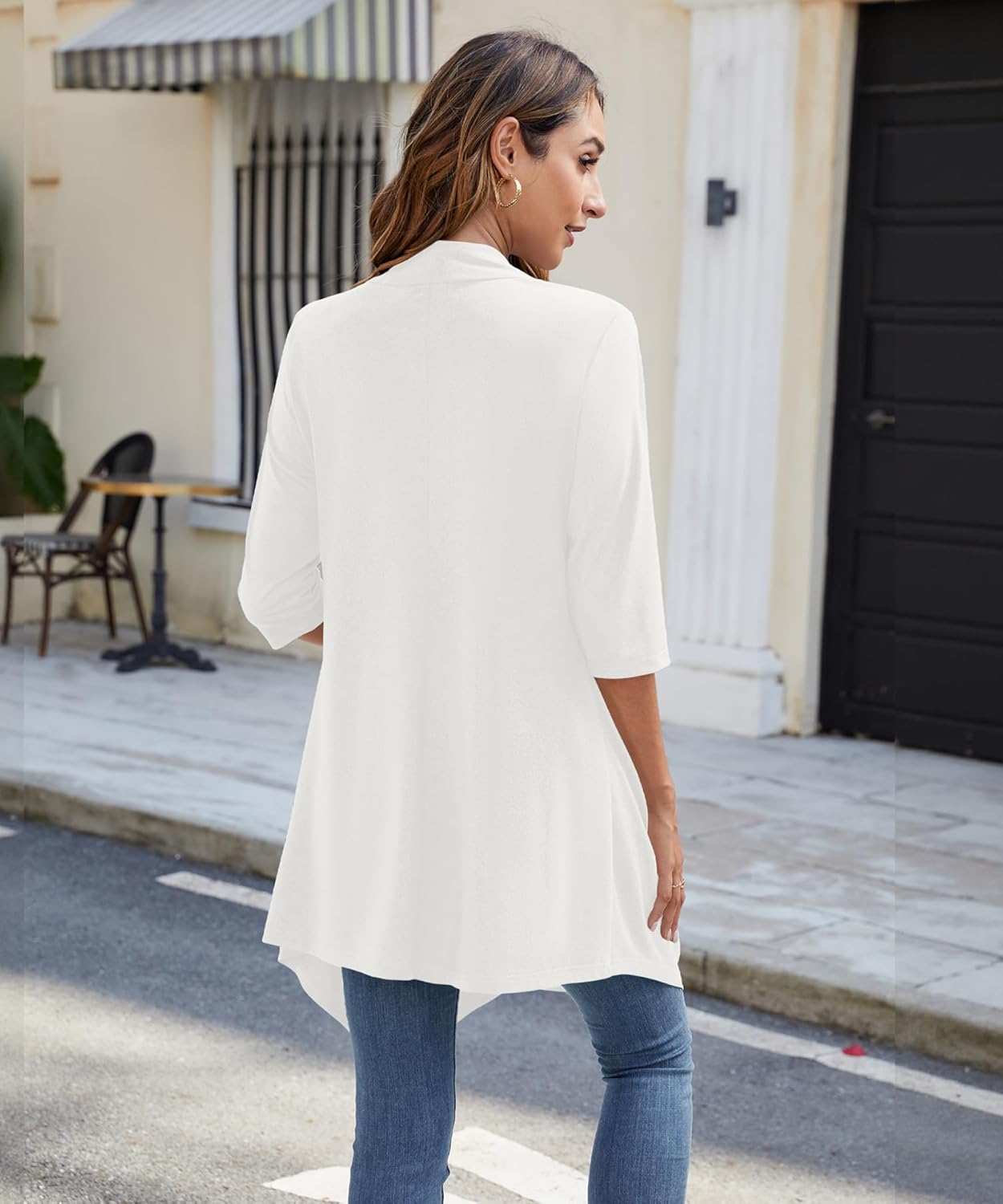Women's Open Front Cardigan Lightweight Soft Knit 3/4 Sleeve High-Low Draped Hem Loose Casual Duster - Image 3