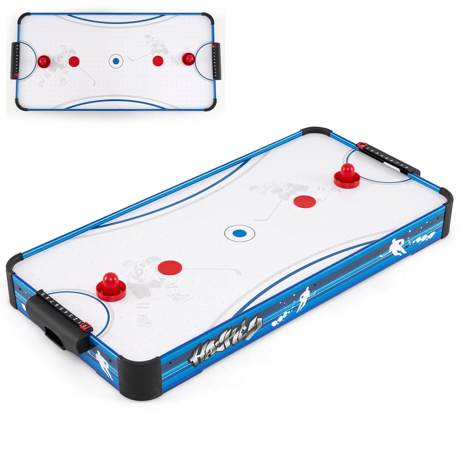 HOMASIS Tavolo da Air Hockey Elettrico, Tavolo da Gioco con Motore da 12V, Inclusi 2 Puck e 2 Slittini, Hockey da Tavolo per Bambini e Adulti, Blu+Bianco