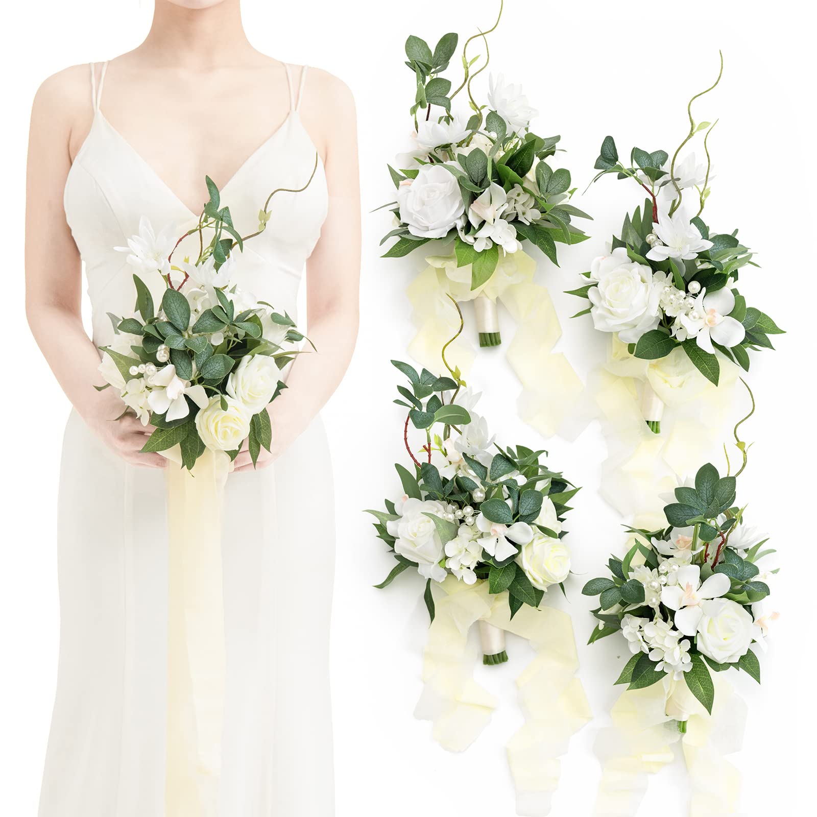 Ling's momentArtificial Flowers White Bridesmaid Bouquet Set of 4, White & Sage Wedding Flowers Bouquets for Bridesmaids, 7 Inch Bridal Bouquets for Bridesmaids, Wedding, Ceremony, Anniversary, etc