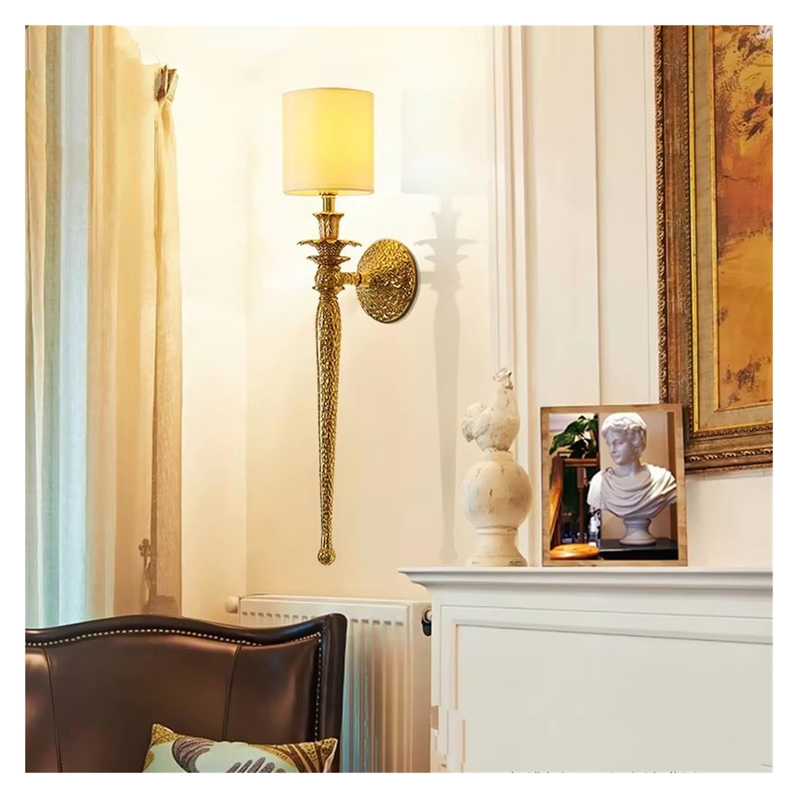 ZTCHSENZT Luxury Classical Copper Wall Light for Living Room Indoor Vertical Gold Wall Lamp Long Fabric Lampshade E14 LED Sconce,Gold