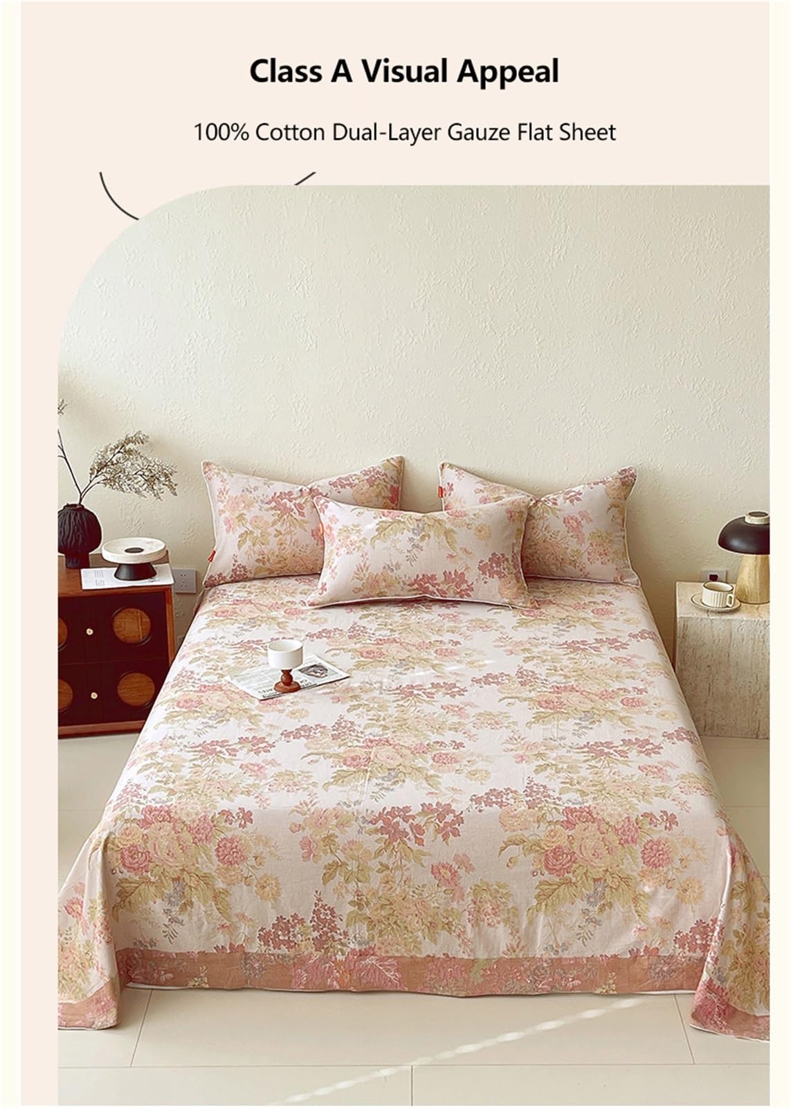 Sábana encimera Cama 90/105/135/150/160/180cm 240x250/270cm de algodón de Gasa Doble refrescante Suave y aireada sensación de Nube sábana Plana Reversible(Flower B,240x270cm+48x74cm x2)