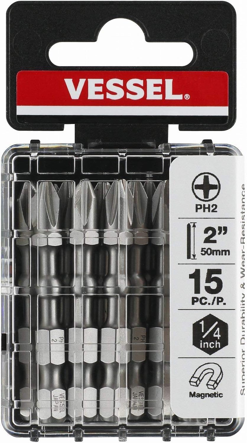 VESSEL Impact BAL Torsion Bit +2x50 (2") 15PC. (Case) No.IBPH250P15T Made in Japan by VESSEL