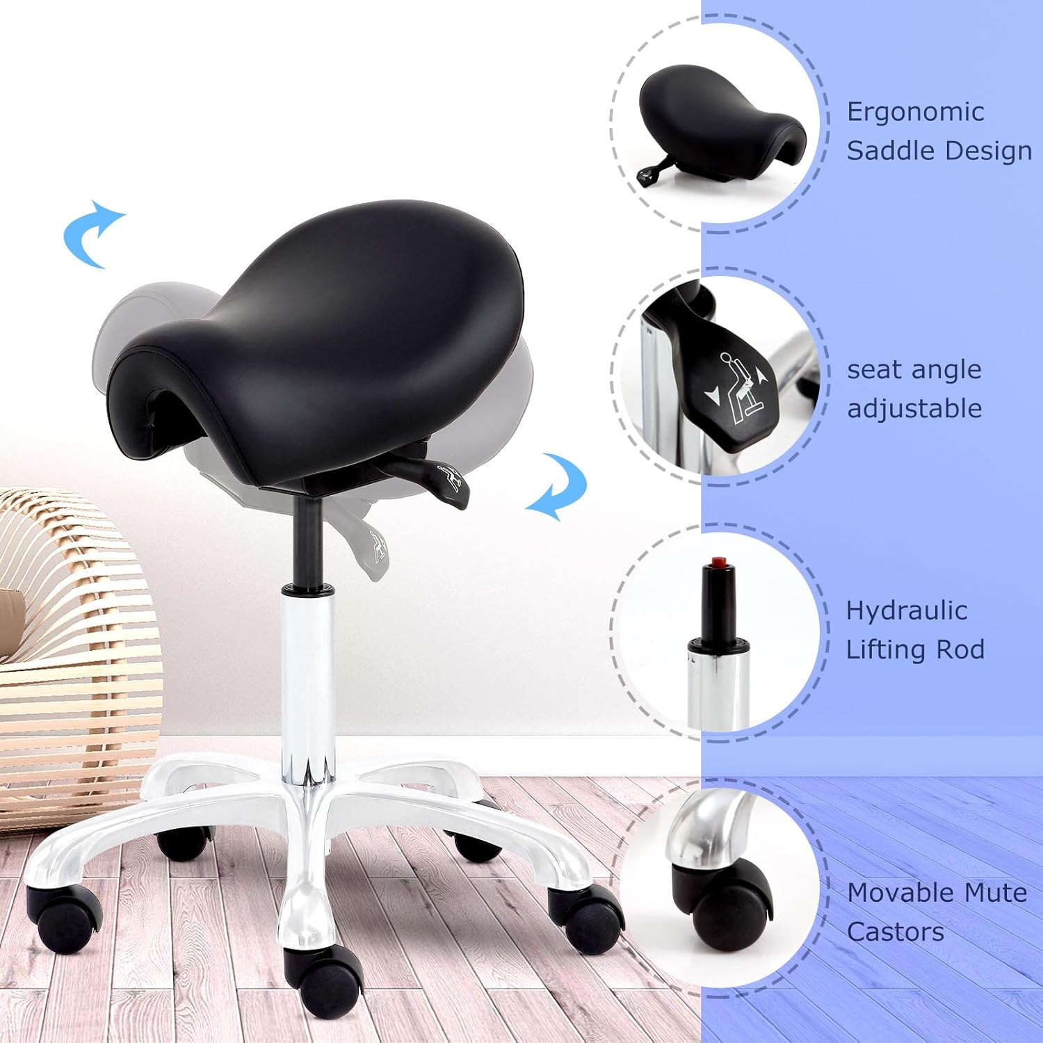 Saddle Stool Rolling Chair, Lash Tech Stool Ergonomic Saddle Chair for Bar Salon Spa Tattoo Makeup Hair Stylists