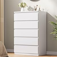 JOCOEVOL White 5-Drawer Modern Dresser for Bedroom - 15"D x 23.7"W x 40.4"H Wood Chest with Deep Drawers, Storage for Living Room Entryway