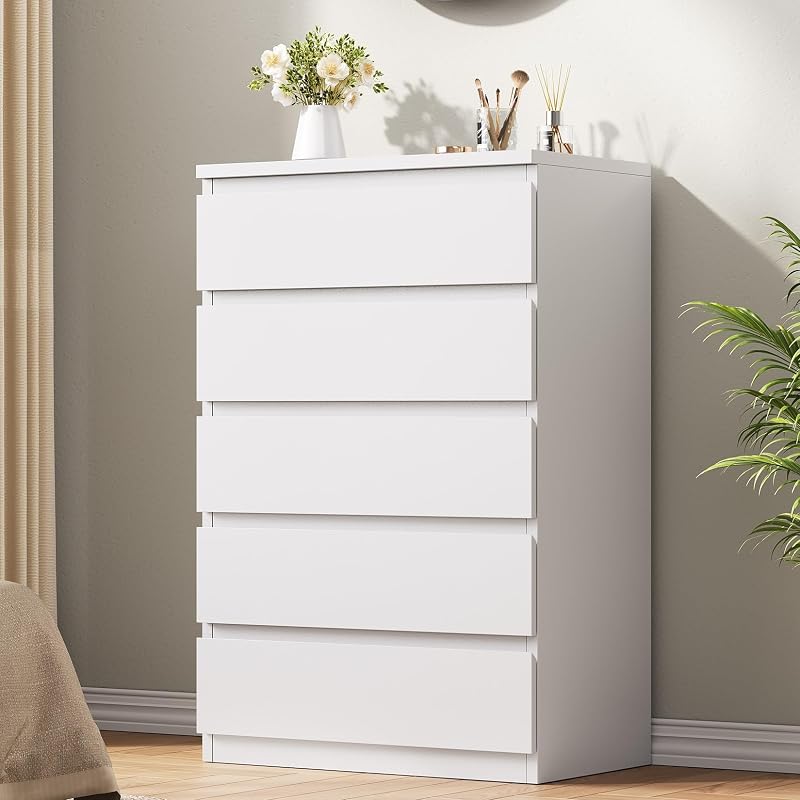 White 5 Drawer Dresser for Bedroom, 15" D x 23.7" W x 40.4" H in Simply Modern Chest of Drawers, Wood Storage Dresser with Deep Drawers for Living Room Hallway Entryway, White