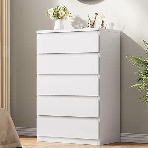 Jocoevol White 5 Drawer Dresser for Bedroom, 15" D x 23.7" W x 40.4" H, Modern Wood Storage Chest