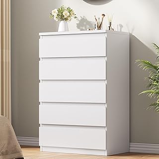 White 5 Drawer Dresser for Bedroom, 15" D x 23.7" W x 40.4" H in Simply Modern Chest of Drawers, Wood Storage Dresser with Deep Drawers for Living Room Hallway Entryway, White