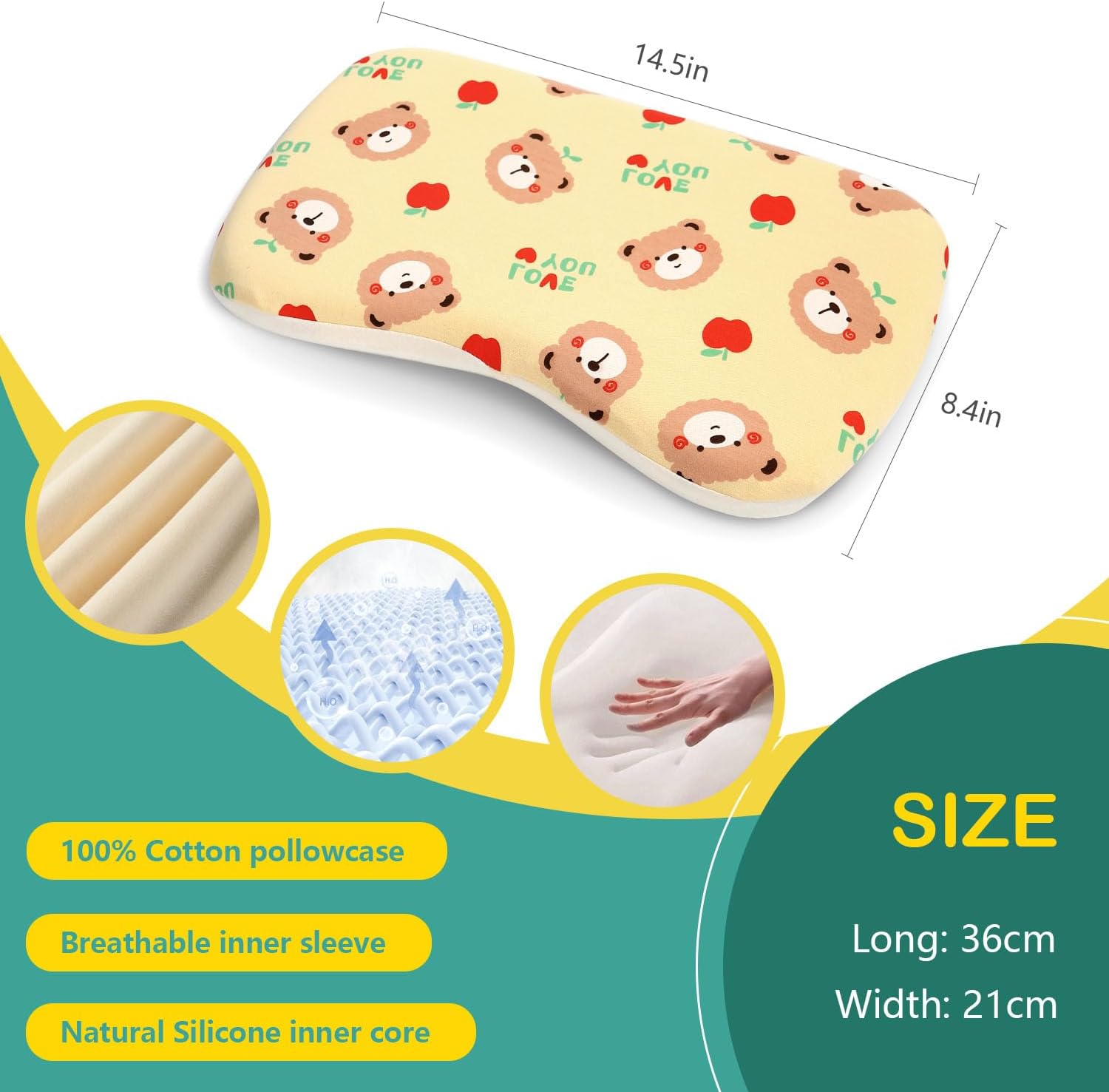Soft Toddler Pillow for Sleeping (14.5'' x 8.4'') with Removable Cover – Ideal for Travel & Nursery, Cuddly Bear Design – Perfect for Ages 1-2 Years