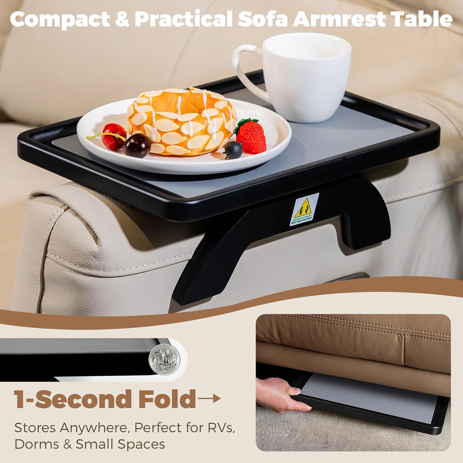 Couch Armrest Table, Foldable Bamboo Sofa Arm Tray for Couch with a Non-Slip Pad, Clip On Couch Arm Table for Remotes/Eatting/Drinks, Fits Sofa Armrest 3.5"-13.5" Black