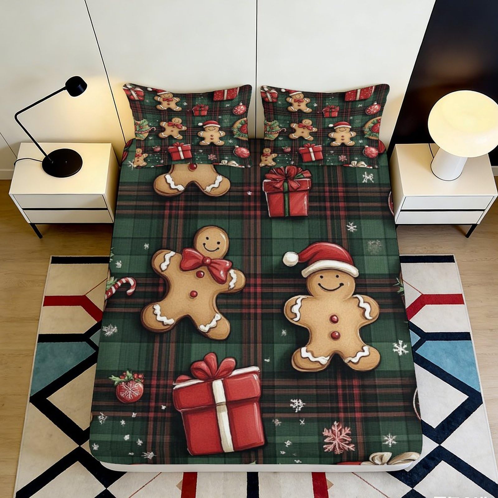3D Printed Gingerbread Plaid Fitted Sheet Microfiber Pattern Bed Sheet for Bedroom Guest Room Decor 90x200x25cm