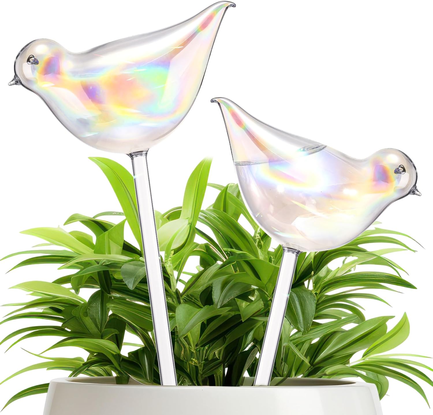 Qinyoung 2 Pack 17oz Bird Shaped Plant Watering Globes Large Clear Glass Self Watering Globes Planter Insert Spikes Drip Devices Rainbow Color Watering Bulbs Irrigation System Gifts for Plant Lover