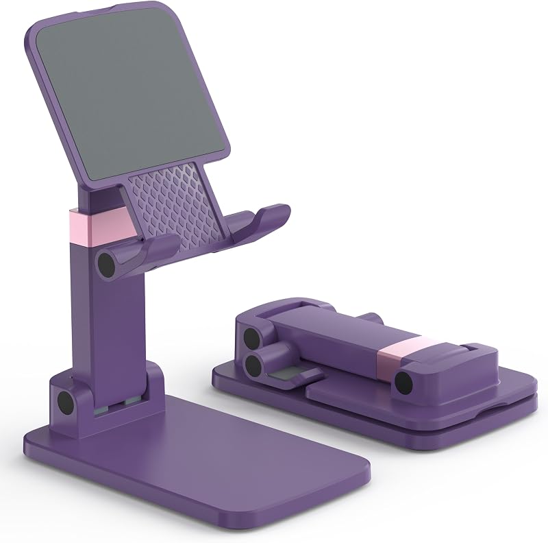 Soporte para teléfono celular para escritorio, soporte para teléfono ajustable en altura y ángulo, soporte portátil plegable con almohadilla de silicona antideslizante, compatible con iPhone y todos los teléfonos inteligentes de 4 a 8 pulgadas, color morado