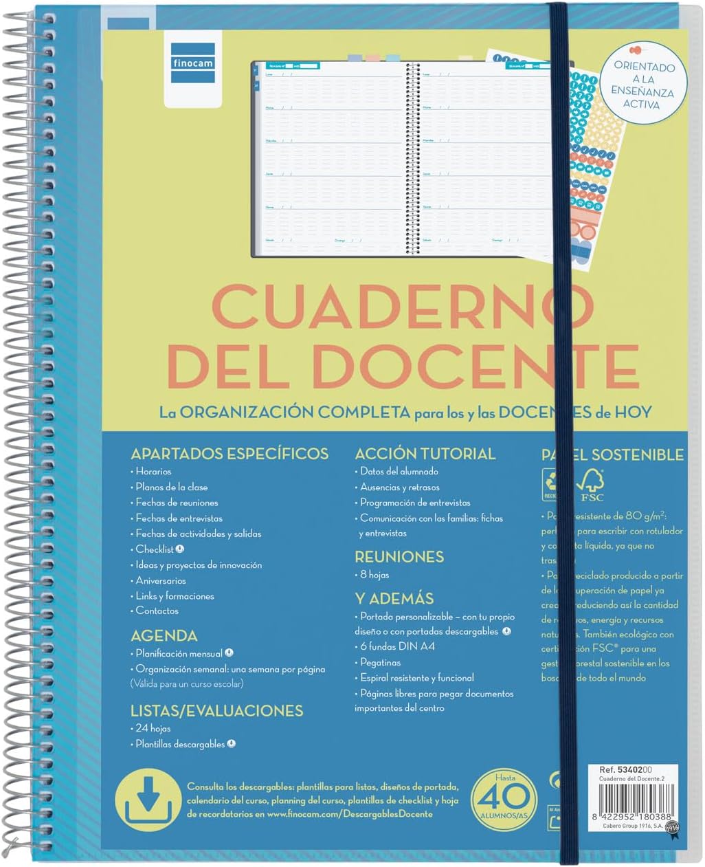 Finocam - Teacher's notebook week page in Spanish with transparent stickers and covers, lists and assessment sheets, and tutoring section. Ideal for school organization.