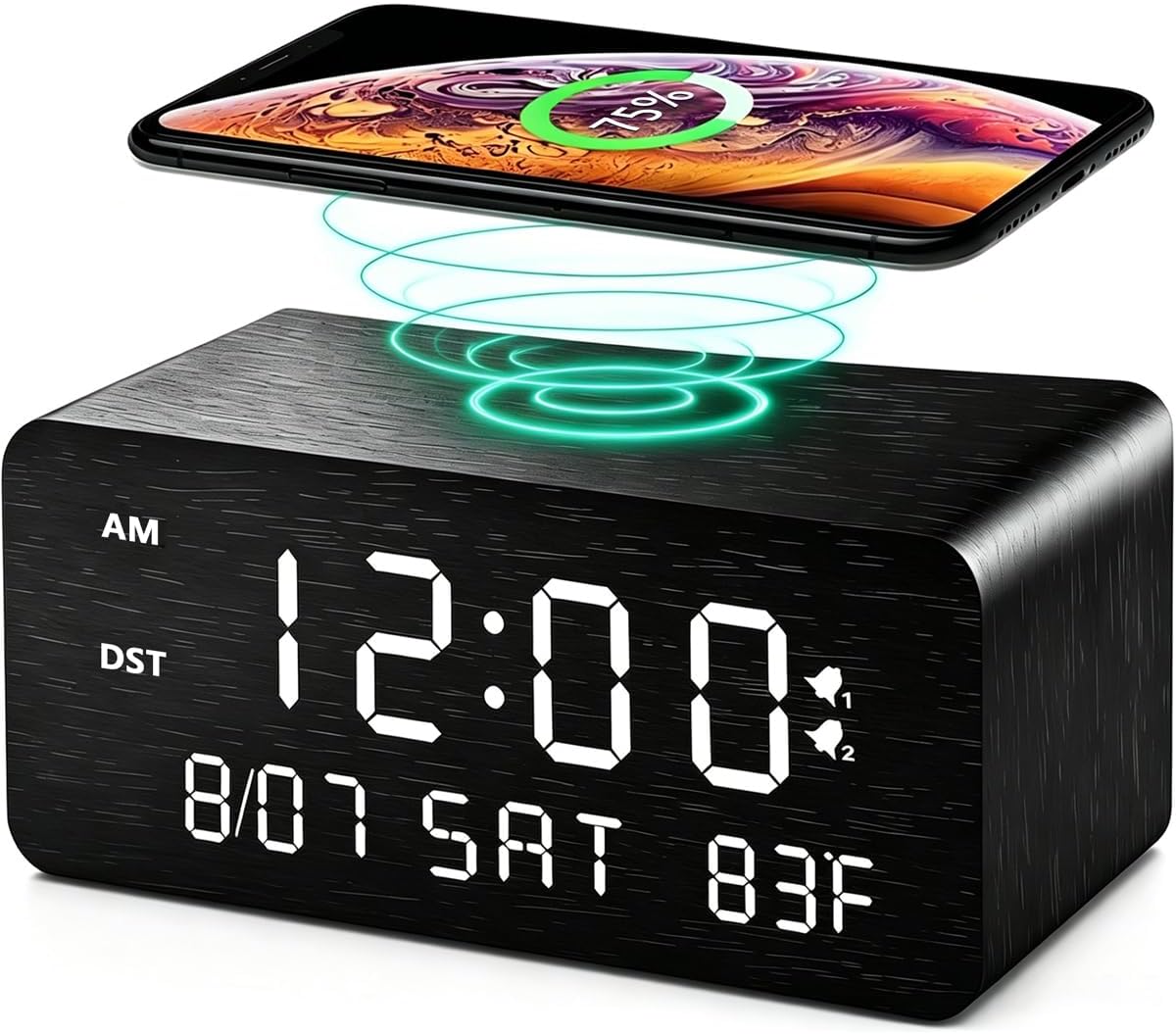 Andoolex Wooden Digital Alarm Clock with Wireless Charging, 0 100 % Adjustable Brightness Dimmer and Alarm Andoolex Wooden Digital Alarm Clock with Wireless Charging, 0-100% Adjustable Brightness Dimmer and Alarm Volume, Weekday/Weekend Mode, Dual Alarm, Snooze, 12/24H, Wood LED Clock for Bedroom (Black)