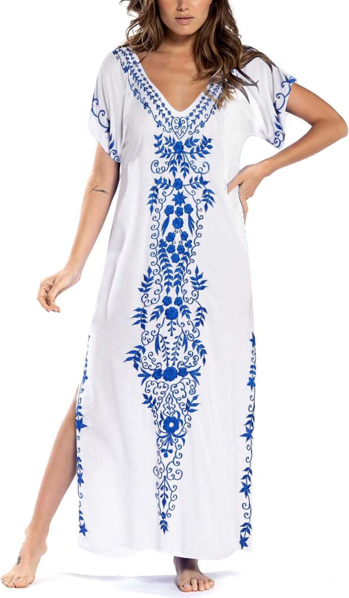Busbseach Kaftan Dresses for Women Embroidery Short Sleeve Beach Cover Up V Neck Maxi Moo Moos