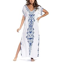 Busbseach Caftan Dresses for Women Embroidery Short Sleeve Beach Cover Up V Neck Maxi Kaftan Dress