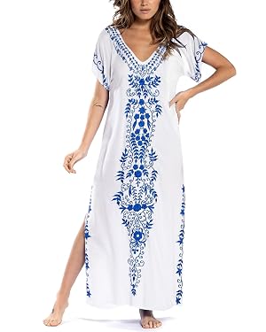 Busbseach Caftan Dresses for Women Embroidery Short Sleeve Beach Cover Up V Neck Maxi Kaftan Dress