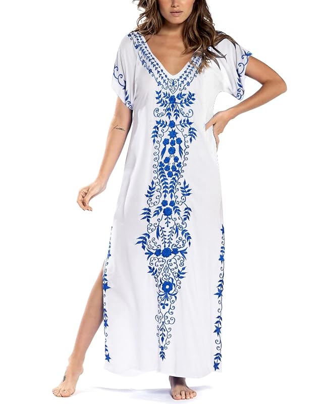 Busbseach Caftan Dresses for Women Embroidery Short Sleeve Beach Cover Up V Neck Maxi Kaftan Dress