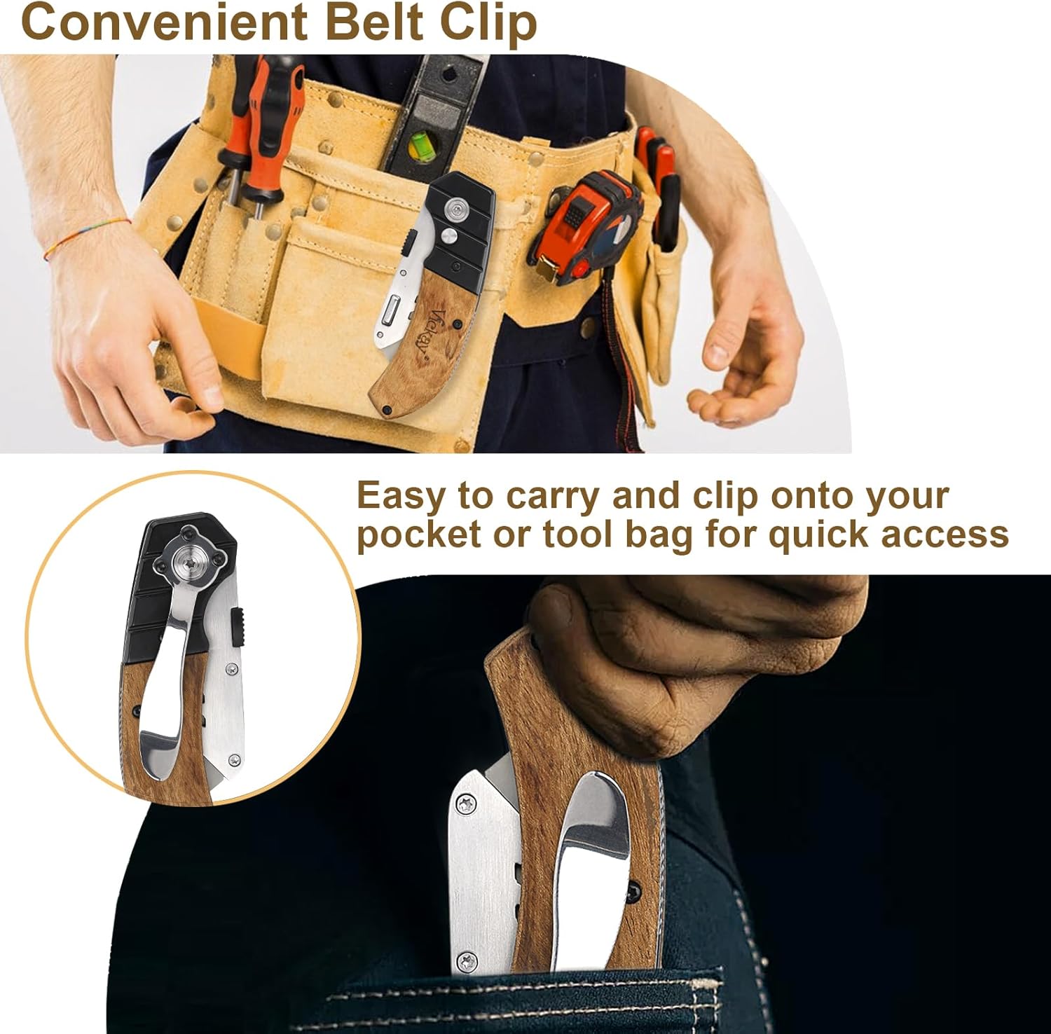 Vickay Utility Knife with Belt Clip, Heavy Duty Box Cutter Knife for Cartons, Cardboard, Carpet and Leather, Razor Knife with Wood Handle and Extra 5 SK5 Blades