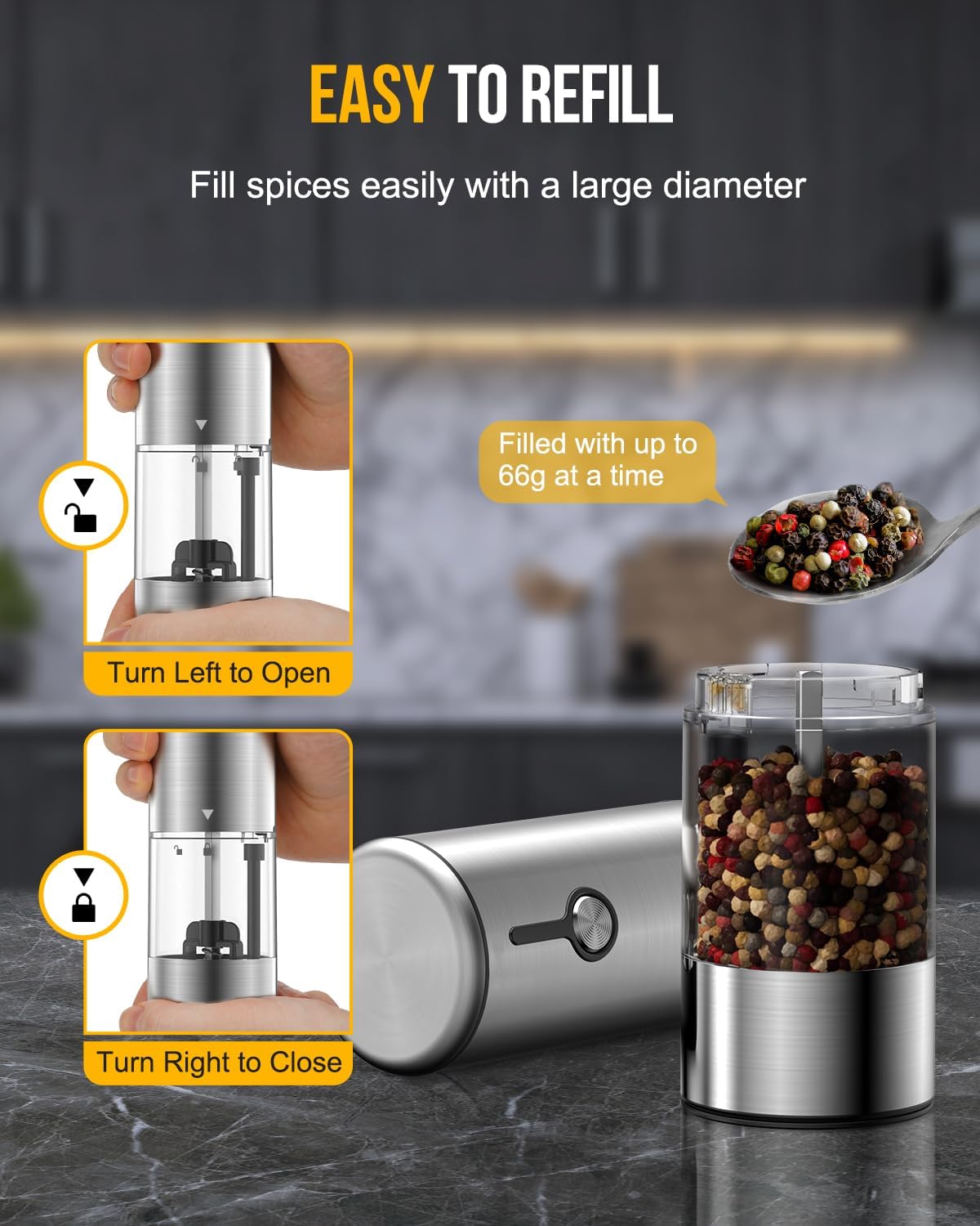 [Upgraded 66g Large Capacity] Electric Salt and Pepper Grinder Set of 2, Rechargeable with 6 Level Adjustable Coarseness, Stainless Steel Automatic Salt and Pepper Shakers Refillable with LED light
