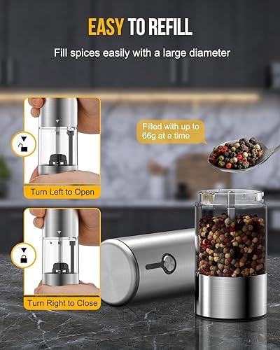 Miniatura 5 de MMH Gran capacidad mejorada de 2.33 oz Juego de molinillo eléctrico de sal y pimienta recargable por USB con 6 niveles de grosor ajustable de acero