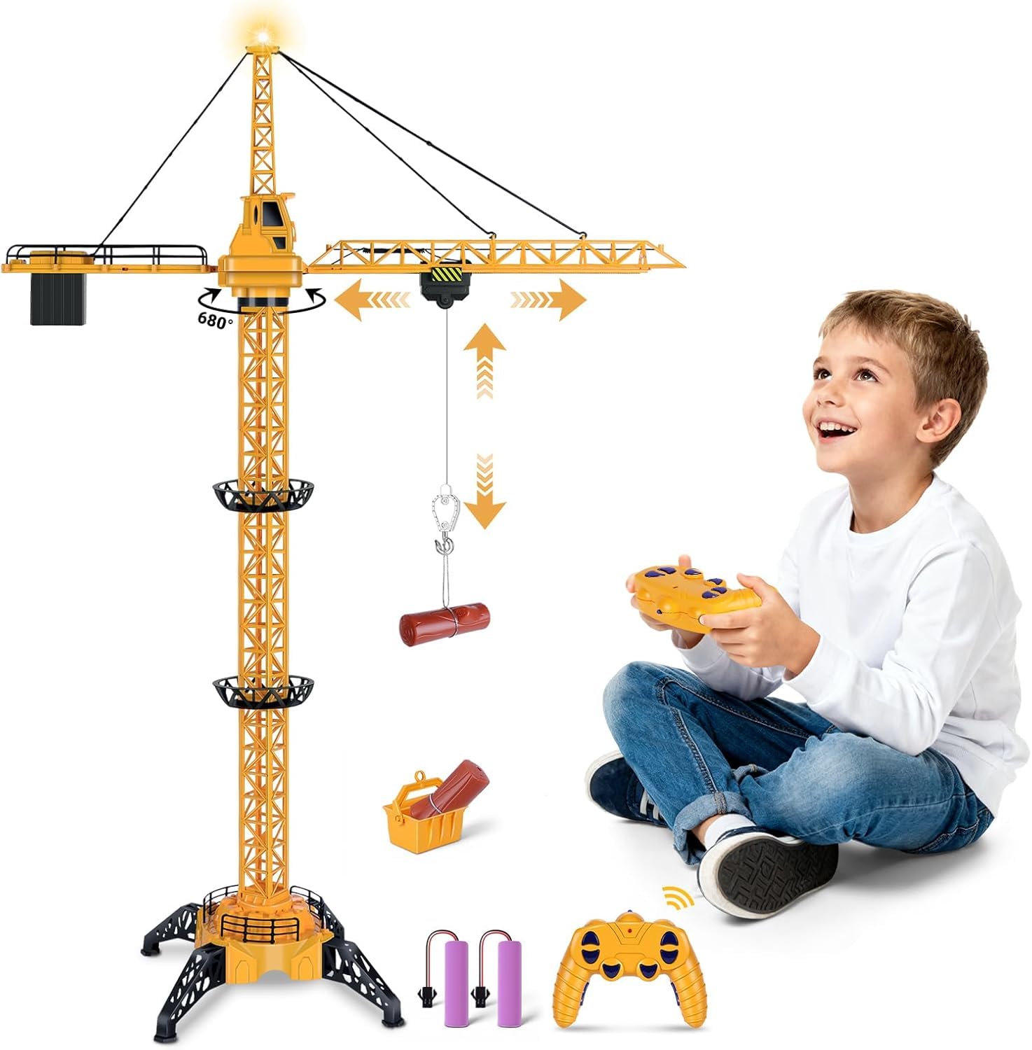 Herefun Ferngesteuerte Turmkran, 128 cm Hohe 2,4 Hz Turmdrehkran, 6 Kanäle Tower Crane Elektrisch, RC Baukran mit Hebehaken, Turmdrehkran Kanäle Lichtern für Kinder