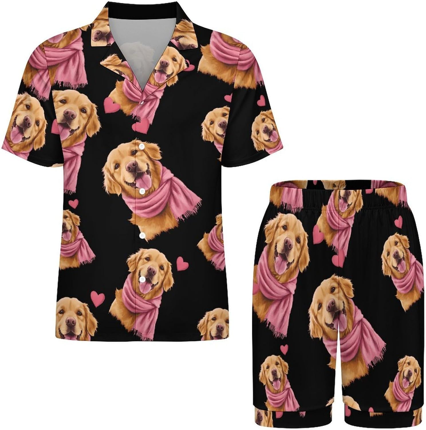 Warm Retriever Dog with A Scarf Men's Short Sleeve Pajama Set Satin Silk Like Lounge Sleepwear