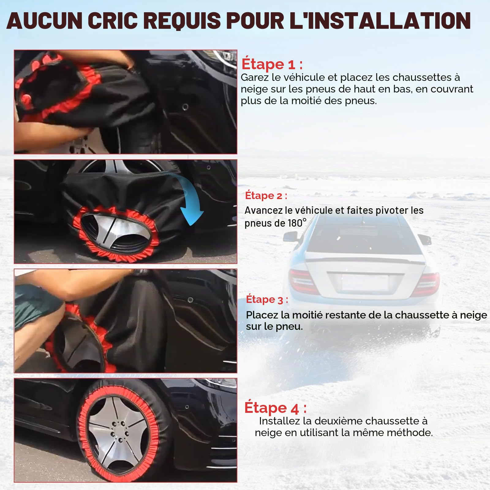 Chaussettes à neige pour pneus de voiture, chaîne neige textile épaissie antidérapante pour une meilleure traction hivernale avec gants et étui de transport pour voitures, SUV et camions universels (4